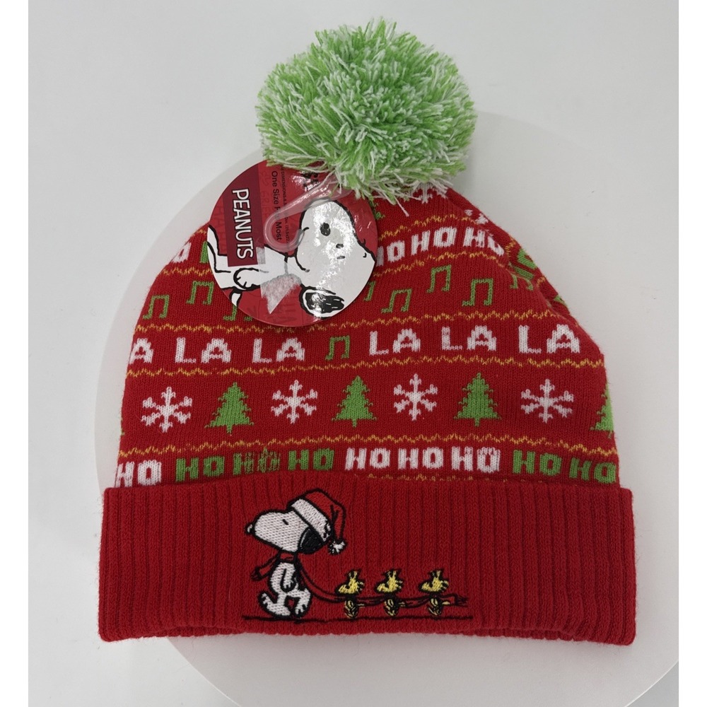 Red Peanuts Snoopy & Woodstock Pom Beanie Hat Christmas One Size Youth Adult NWT